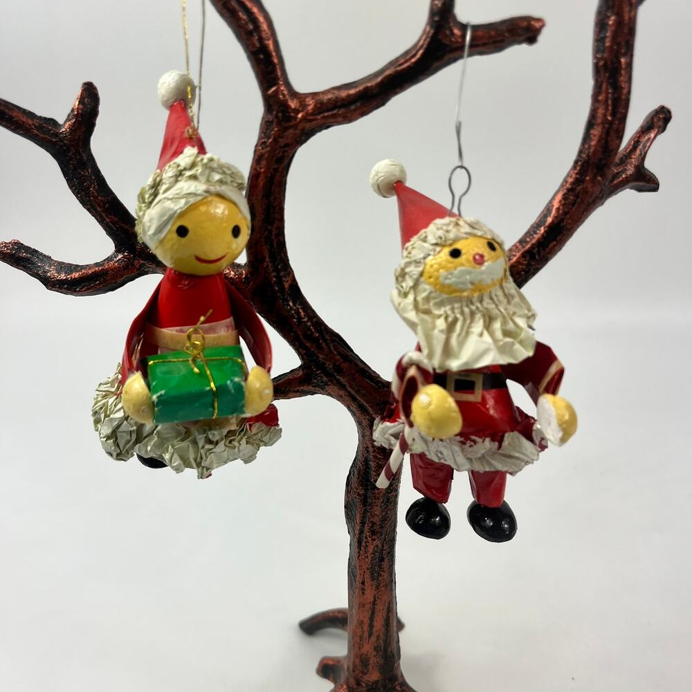 Vintage Papier Mâché Santa & Mrs Claus Christmas Ornaments 4.5" Handcrafted Set